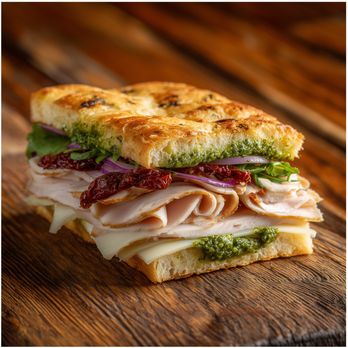 Three Little Birds Cafe - Turkey Pesto Sandwich - Sliced turkey, creamy pesto, havarti cheese, red onions, and sun-dried tomatoes on fresh baked focaccia - Ethiopian Near Me - Spokane Valley, Washington Three Little Birds Cafe - Turkey Pesto Sandwich - Sliced turkey, creamy pesto, havarti cheese, red onions, and sun-dried tomatoes on fresh baked focaccia - Ethiopian Near Me - Spokane Valley, Washington