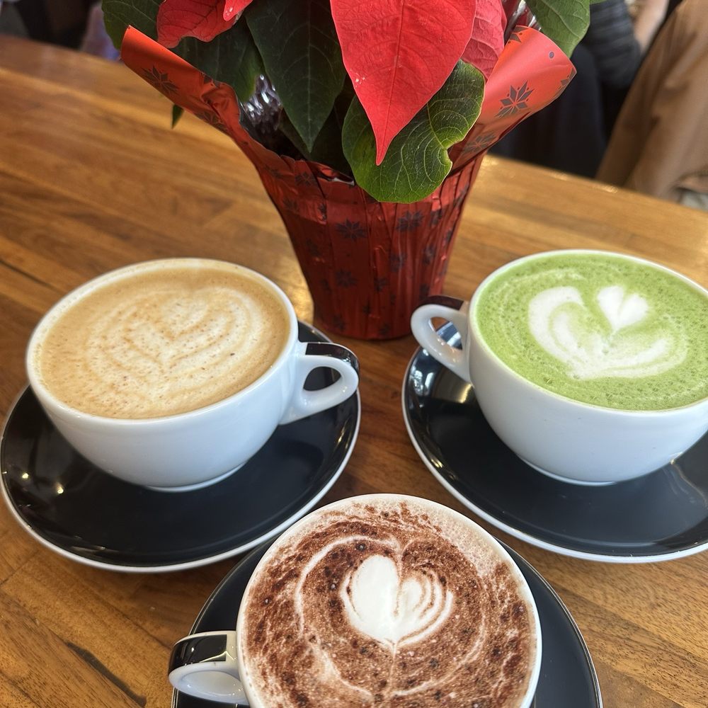 Rosemary orange matcha; eggnog latte; hot chocolate Rosemary orange matcha; eggnog latte; hot chocolate