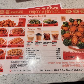 Joy's Express - Menu Back - Chinese Near Me - San Gabriel, California