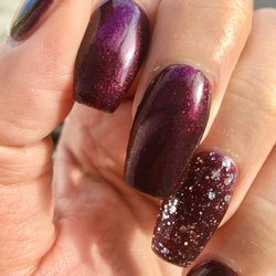 Burgundy coffin shaped nails done by Amy @ Nano's hair and day spa.