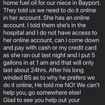 Aladdin Fuel Svce - Refusal to fill oil tank unless form completed online. - Heating & Air Conditioning/HVAC Near Me - Bayport, New York Aladdin Fuel Svce - Refusal to fill oil tank unless form completed online. - Heating & Air Conditioning/HVAC Near Me - Bayport, New York