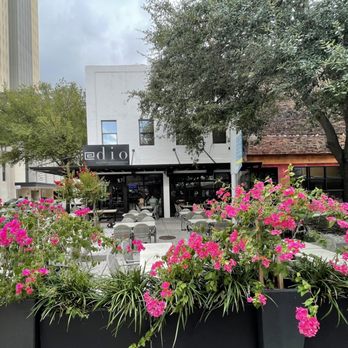 Dio Modern Mediterranean - Outdoor seating with Pretty pink flowers, Dio Greek Restaurant, Downtown Tampa - Mediterranean Near Me - Tampa, Florida Dio Modern Mediterranean - Outdoor seating with Pretty pink flowers, Dio Greek Restaurant, Downtown Tampa - Mediterranean Near Me - Tampa, Florida
