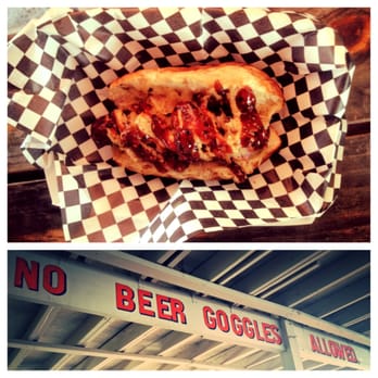 Moon Tower - Venison dog on a pretzel bun with the works - Dive Bars Near Me - Houston, Texas Moon Tower - Venison dog on a pretzel bun with the works - Dive Bars Near Me - Houston, Texas