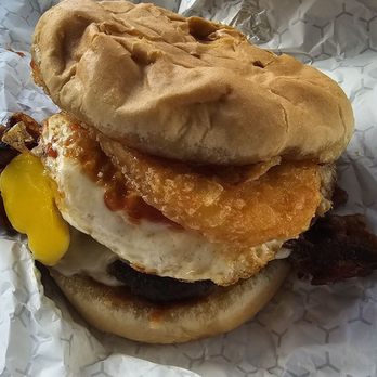 Davidovich Bakery - Hamburger with hashbrown, bacon, egg, ketchup and Chipotle mayo. - Cafes Near Me - Madison, New Jersey
