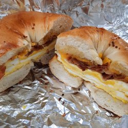 Cara-Bean - My old Baked and Brewed reliable: Garlic Bagel, fried egg, cheddar, bacon. My whole body felt this in the best way possible.