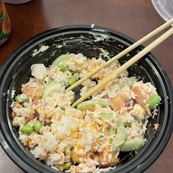 Poke Cube - 2 Scoops of Protein Bowl, Ahi Tuna, Salmon, 2 Scoops of Rice, Garlic Miso, Spicy Mayo, Cucumber, Edamame, Masago, Crab Salad