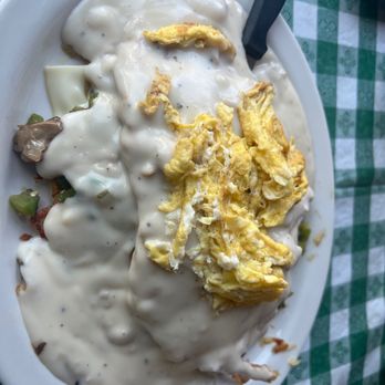 Lisa's Radial Cafe - Chicken fried steak skillet = hashbrown base w/chicken fried steak 2 scrambled egg and sausage gravy - Breakfast & Brunch Near Me - Omaha, Nebraska Lisa's Radial Cafe - Chicken fried steak skillet = hashbrown base w/chicken fried steak 2 scrambled egg and sausage gravy - Breakfast & Brunch Near Me - Omaha, Nebraska