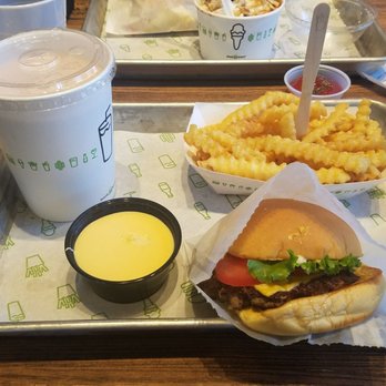 Shake Shack Glendale - Strawberry Shake, Shack Burger, fries with cheese sauce on the side. - Burgers Near Me - Glendale, California Shake Shack Glendale - Strawberry Shake, Shack Burger, fries with cheese sauce on the side. - Burgers Near Me - Glendale, California