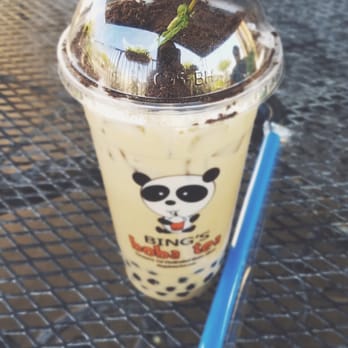 Bing's Boba Tea - "Plant" boba. The "dirt" is crumbled Oreo, the "sprout" is a mint leaf, and boba for the "seeds"! Super cute! I got it with coffee milk tea. - Coffee & Tea Near Me - Tucson, Arizona