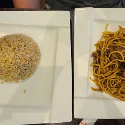 Noodles with vegetables with a side of brown rice.