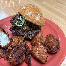 Korean bbq sandwich with fried potatoes Korean bbq sandwich with fried potatoes