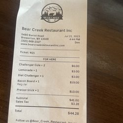 Bear Creek Restaurant - Our receipt.