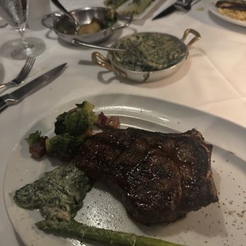 Steak 48 - Bone-In KC Strip* ** with asparagus and Creamed Spinach - Steakhouses Near Me - Beverly Hills, California Steak 48 - Bone-In KC Strip* ** with asparagus and Creamed Spinach - Steakhouses Near Me - Beverly Hills, California