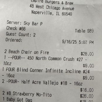Empire - Drinks for 3 - Burgers Near Me - Naperville, Illinois