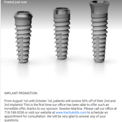 Vitali Trachuk, DDS - Implants & General Dentistry - IMPLANT PROMOTION:
From August 1st until October 1st, patients will receive 50% off of their 2nd and 3rd implants! This is the first time o