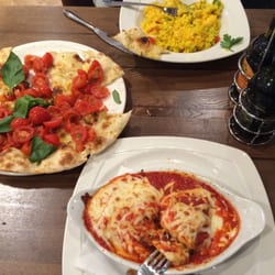 Tony Macaroni - Top - King Prawn Risotto with Saffron.  Left - Foccacia with garlic, basil and tomato.  Bottom - Lasagne.