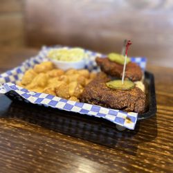 Palmer's Hot Chicken - BIG DARK w queso SMOTHERED TOTS and COLE SLAW