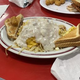 Eggs with cheese, sausage & bacon; smothered in sausage gravy, Eggs with cheese, sausage & bacon; smothered in sausage gravy,