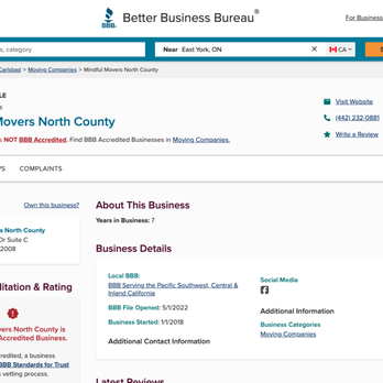 Mindful Movers North County - F Rating with the Better Business Bureau - Movers Near Me - Carlsbad, California