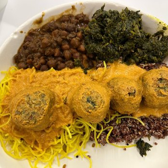 Bindaas Bowls and Rolls - Korma with noodles and quinoa and side of chick peas and palak mushroom. Get the Quinoa and Palak Mushroom! - Indian Near Me - Washington, DC, District of Columbia
