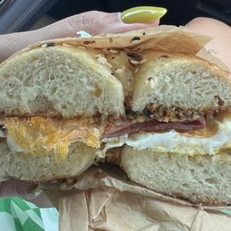 Bacon egg and cheese on everything bagel Bacon egg and cheese on everything bagel