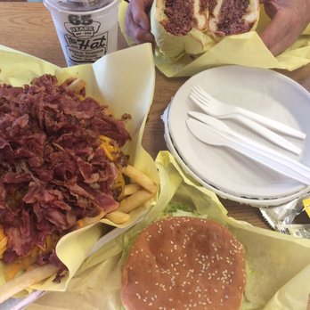 The Hat - Chili cheese fries topped with pastrami, pastrami dip and cheese burger.  A tasty indulgence. - Fast Food Near Me - Rancho Cucamonga, California