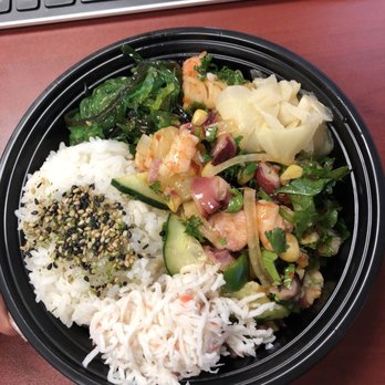Poke Bar - Small poke bowl White rice with shrimp & octopus, seaweed and crab salads, all "free toppings", pickled ginger - Poke Near Me - Duluth, Georgia