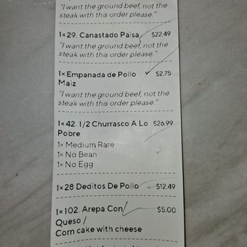 Punto Rojo - The receipt of our order which shows what and how we ordered - Colombian Near Me - Uniondale, New York Punto Rojo - The receipt of our order which shows what and how we ordered - Colombian Near Me - Uniondale, New York