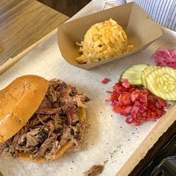 Fire + Smoke BBQ - Pulled pork sandwich with cheesy potatoes