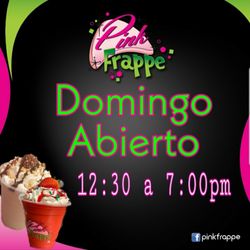 Pink Frappe - Abrimos los 7 días de la semana
Para tu conveniencia dentro del horario permitido no olvides el uso de mascarilla y no niños al ordenar.