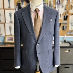 The Cutting Room Bespoke - bespoke linen suit, in a medium blue. 2 button, natural shoulders