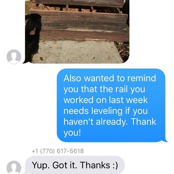 The Fix It Service - Text messge to Teresa Snyder telling her about the crooked rail installation. - Handyman Near Me The Fix It Service - Text messge to Teresa Snyder telling her about the crooked rail installation. - Handyman Near Me
