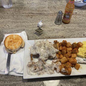 The Egg Bistro - The Country Fried  Steak with Cubed Potatoes & Scrambled Eggs - Breakfast & Brunch Near Me - Chesapeake, Virginia