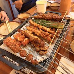 chicken gizzard, beef, veggie skewers