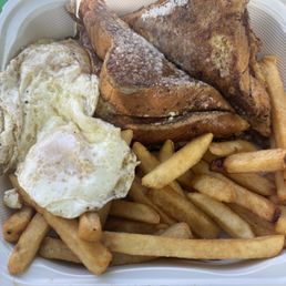 French Toast, eggs, and fries