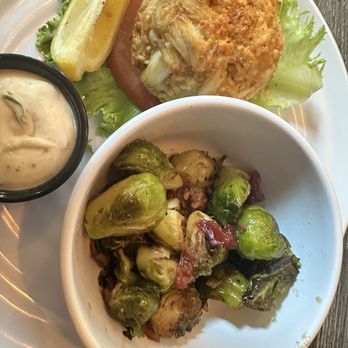 Hook & Vine - Kitchen and Bar - Crab cake with Brussels - Seafood Near Me - North Beach, Maryland Hook & Vine - Kitchen and Bar - Crab cake with Brussels - Seafood Near Me - North Beach, Maryland