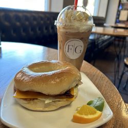 Familiar Grounds - Bacon, egg, and cheese bagel and iced crème brûlée.