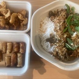 Chicken skin (addictive), vermicelli bowl with grilled pork, eggrolls