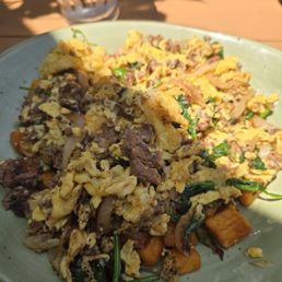 Eggs, potatoes, meat, and more. Huge portions.