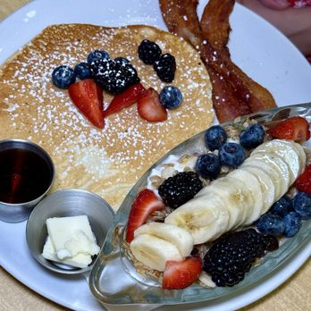 The Senator - balanced breakfast combo - banana split with natural yoghurt, housemade granola & honey, one pancake, two strips of bacon - Breakfast & Brunch Near Me - Toronto, Ontario The Senator - balanced breakfast combo - banana split with natural yoghurt, housemade granola & honey, one pancake, two strips of bacon - Breakfast & Brunch Near Me - Toronto, Ontario