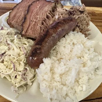 Waimea Butcher Shop - Combination Plate - Brisket, pulled pork (omg!), sausage (very good sausage) - Butcher Near Me - Waimea, Hawaii
