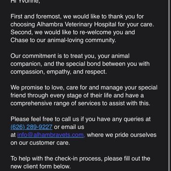 Alhambra Veterinary Hospital - Very generic email that they send to waste my time filling out their "new client form" (jotform). - Veterinarians Near Me - Alhambra, California