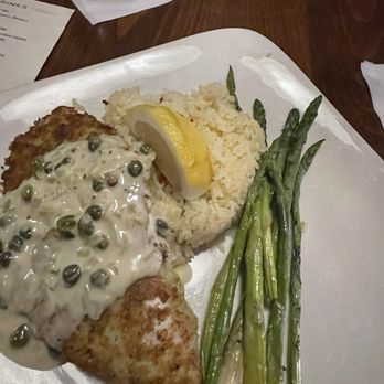 Big Fish Grill - Halibut piccata with rice and asparagus. - Seafood Near Me - Woodinville, Washington