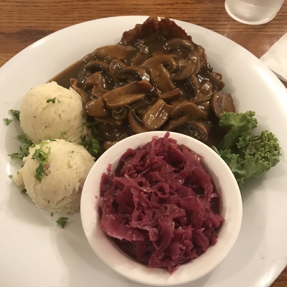 Der Lindenbaum - Jager schnitzel, red cabbage, and mashed potatoes. All very good. - German Near Me - Fredericksburg, Texas Der Lindenbaum - Jager schnitzel, red cabbage, and mashed potatoes. All very good. - German Near Me - Fredericksburg, Texas