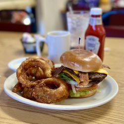 California Classic Cafe - Bacon, avocado cheeseburger, onion, rings, and coffee.  DELICIOUS