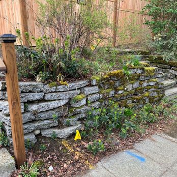 Picture Perfect Landscaping - Before - left side rotting moldy retaining wall - Landscaping Near Me