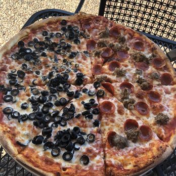 Pizza Bello - Large pizza. Half black olives and half pepperoni and meatball (husband said it was basically like sausage) - Pizza Near Me - Pleasanton, California Pizza Bello - Large pizza. Half black olives and half pepperoni and meatball (husband said it was basically like sausage) - Pizza Near Me - Pleasanton, California