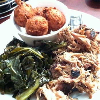 Two Drummers Smokehouse - Cherry Smoked Pork Plate w/ collards and hushpuppies. - Barbeque Near Me - Toano, Virginia Two Drummers Smokehouse - Cherry Smoked Pork Plate w/ collards and hushpuppies. - Barbeque Near Me - Toano, Virginia