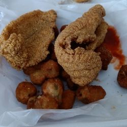 Uncle Tim's - Catfish dinner with okra + coleslaw and hush puppies.