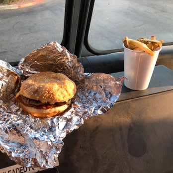 Five Guys - Little Bacon Cheeseburger with Grilled Onions, Grilled Mushrooms and BBQ sauce plus fries - Fast Food Near Me - Redlands, California